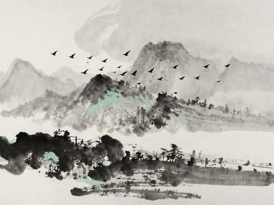 Ink wash painting: A great flock of starlings wheeling as one body across an evening sky.