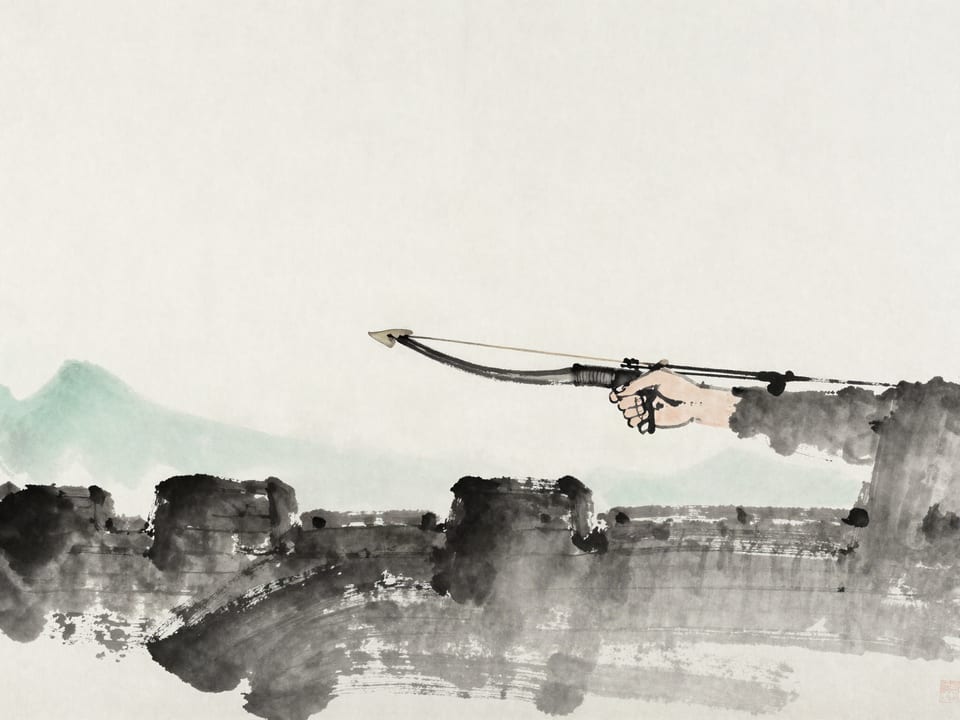 Ink wash painting: A crossbow drawn fully taut on a battlement, the bolt seated, a steady hand on the trigger.