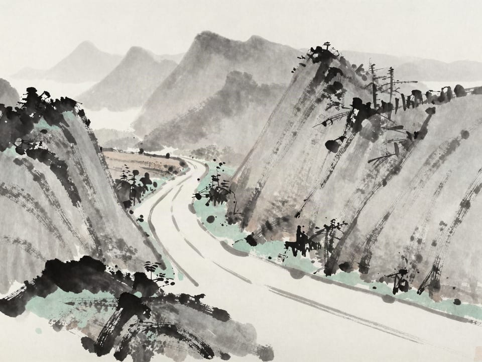 Ink wash painting: A main road running straight through a valley while a small path curls over the ridge above.