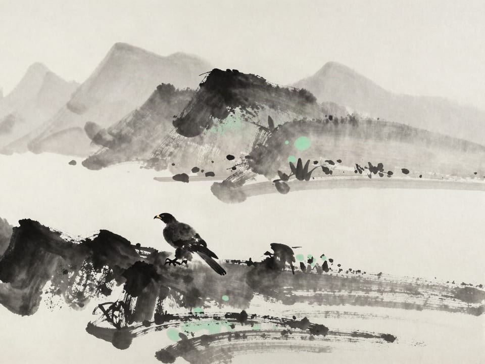 Ink wash painting: A falcon’s shadow crossing the field a heartbeat before the bird itself.