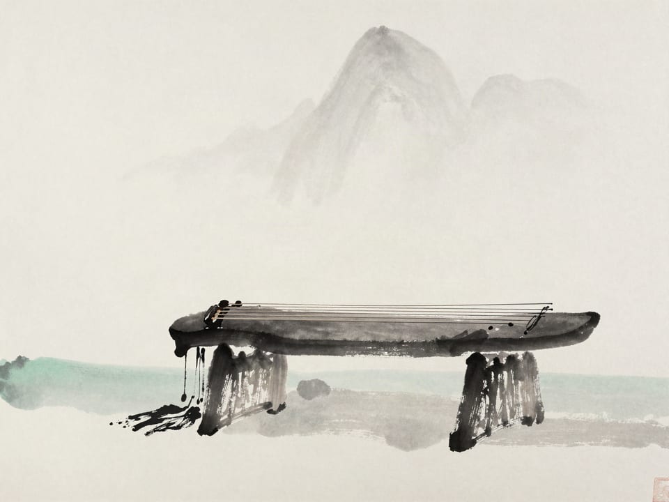 Ink wash painting: A guqin resting on a scholar’s table, five strings, a single note hanging in the air.