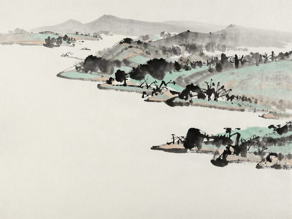 Ink wash painting: A river delta seen from high above, channels splitting endlessly toward the sea.