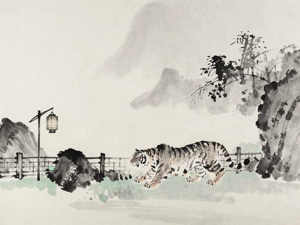 Ink wash painting: A lantern on a pole leading a tiger to pace along a fence line all night.