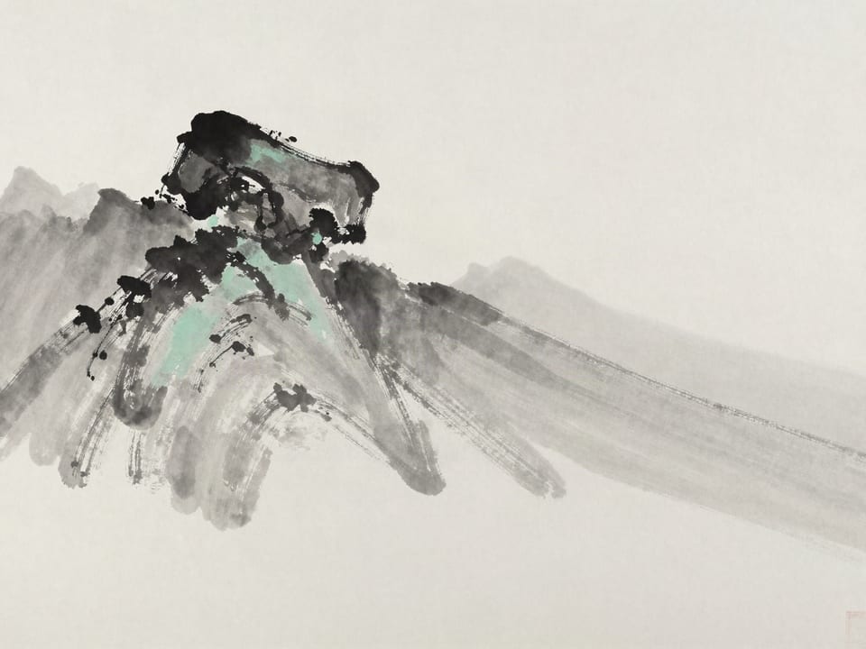 Ink wash painting: A boulder released at a mountaintop, gathering speed down a long clear slope.