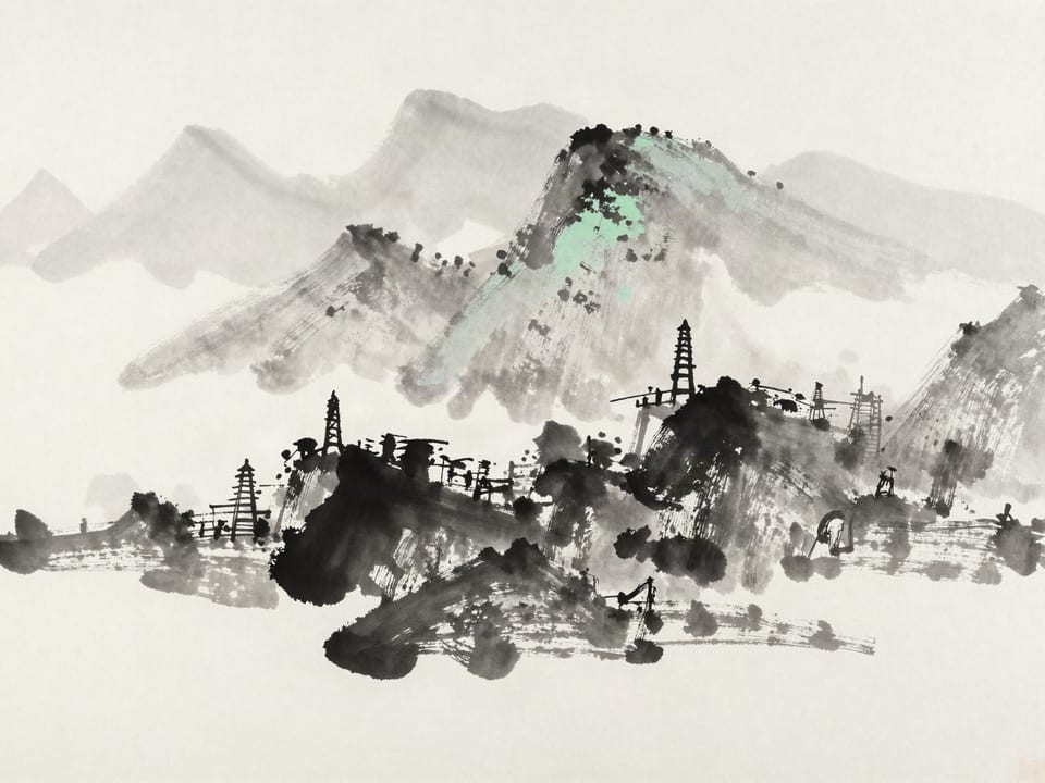 Ink wash painting: A line of watchtower beacons stretching over mountains, the nearest lit, the next catching.
