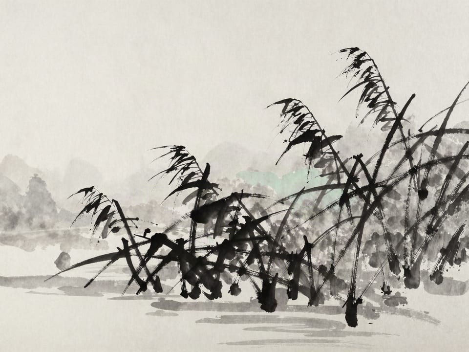 Ink wash painting: Reeds bending every direction in the wind while their roots hold firm beneath the water.