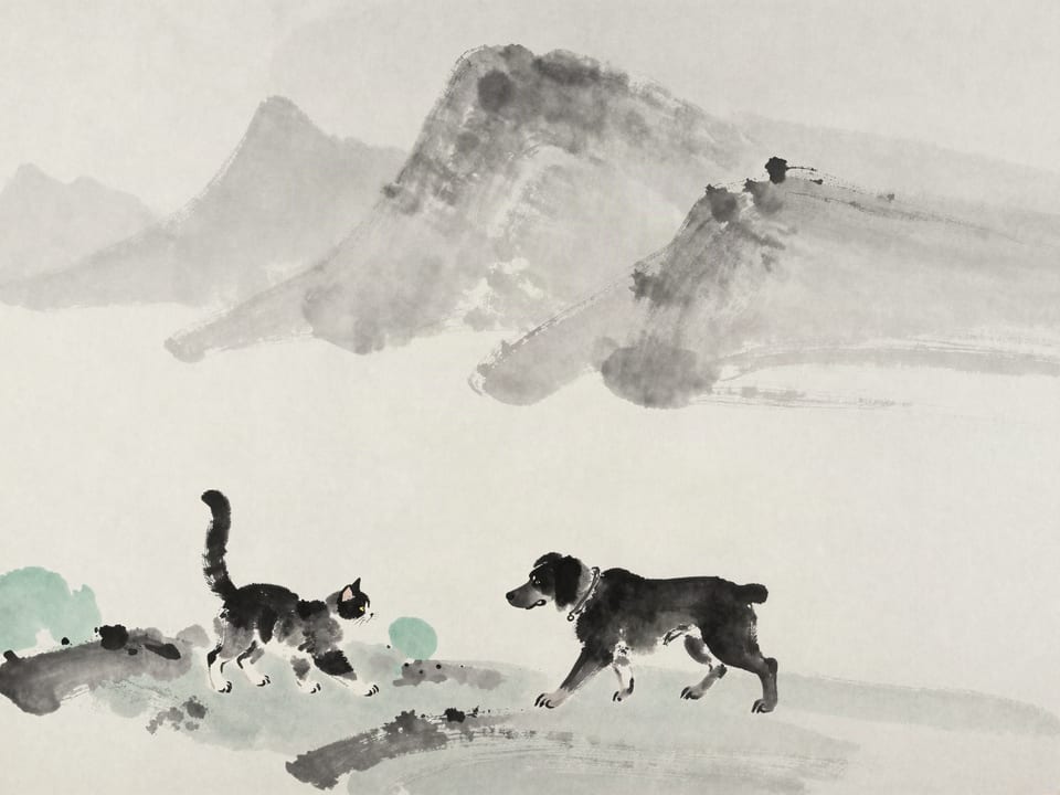 Ink wash painting: A cat arching small before a dog, then walking past it unmolested, tail high.