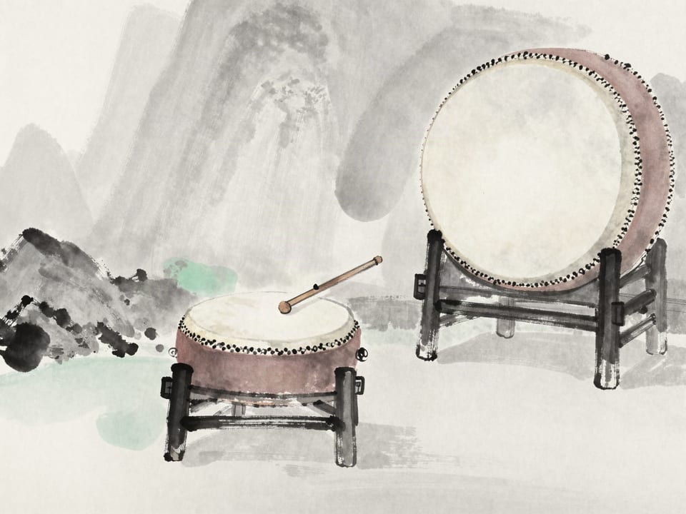 Ink wash painting: A war drum in a temple courtyard, drumsticks raised, the silence before the first strike.