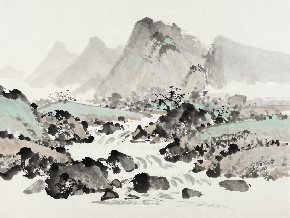 Ink wash painting: A spring freshet rolling boulders downstream through a narrow channel.