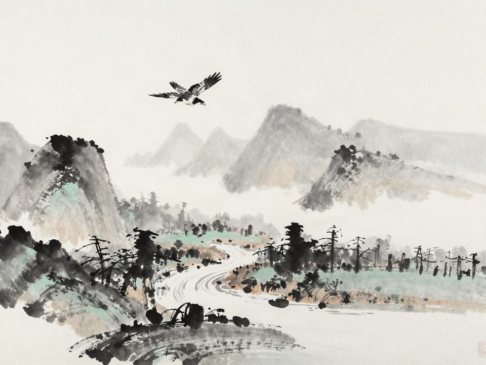 Ink wash painting: A lone falcon high above a misty valley, wings folding into a single decisive dive, a winding river far below.