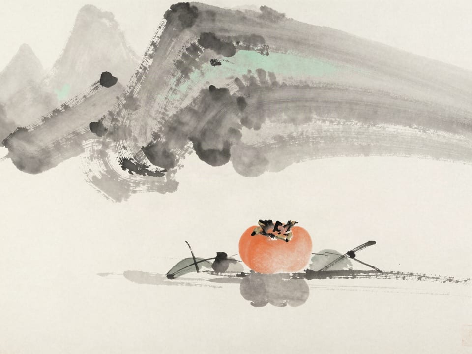 Ink wash painting: A single ripe persimmon hanging low over still water, its reflection perfect beneath it.