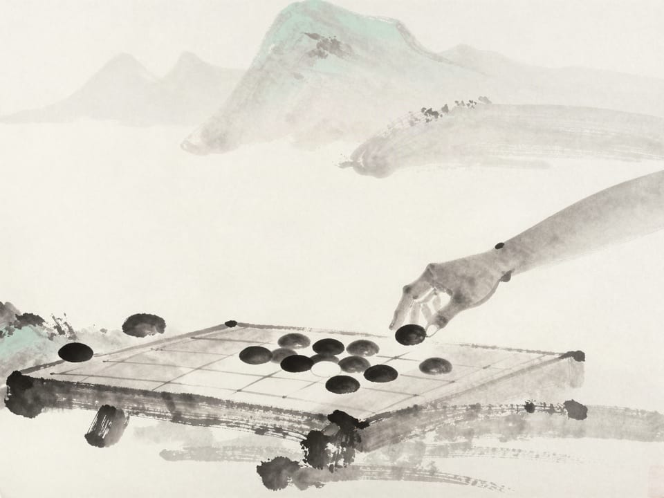 Ink wash painting: A single hand moving a go stone onto the board while all other pieces wait untouched.