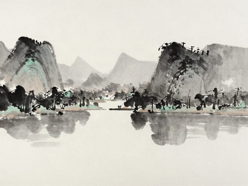 Ink wash painting: Two mountain peaks facing each other across a still river, perfectly mirrored in the water, equally matched.