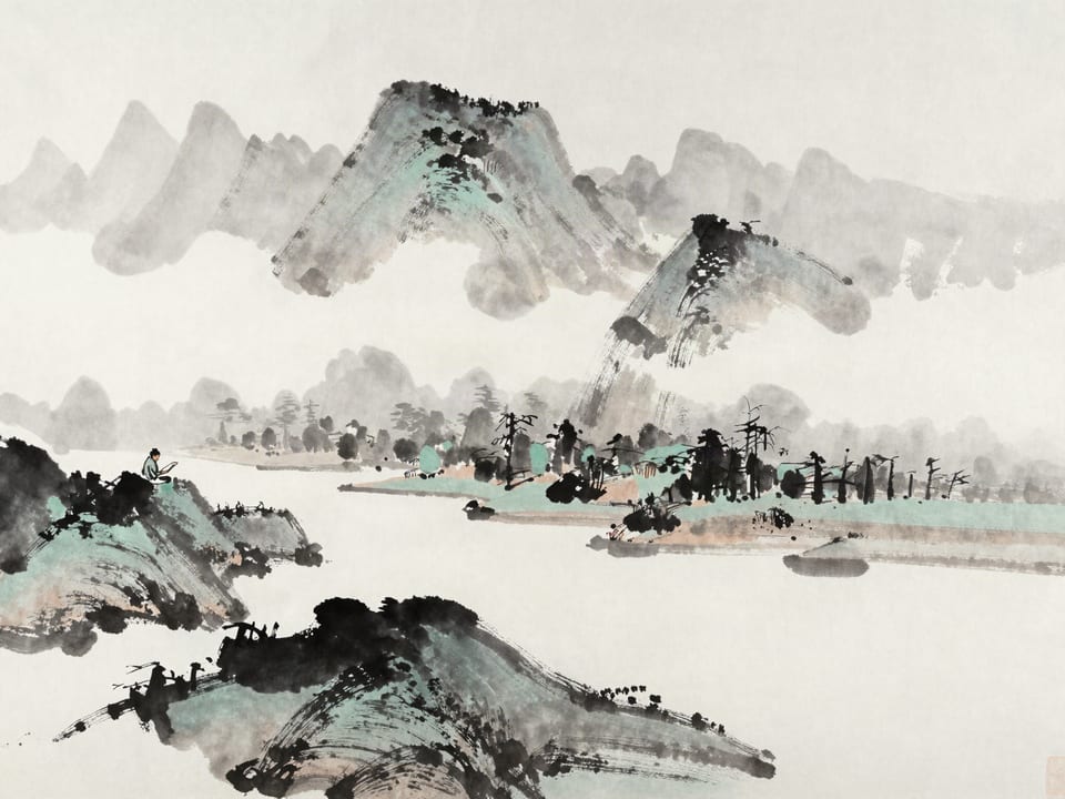 Ink wash painting: A vast landscape where clouds, mountains, and river meet, one small traveler reading the whole scene from a ridge.