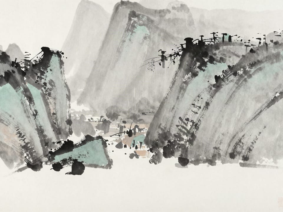 Ink wash painting: Rain falling suddenly on one side of a valley while the other side remains dry and bright.
