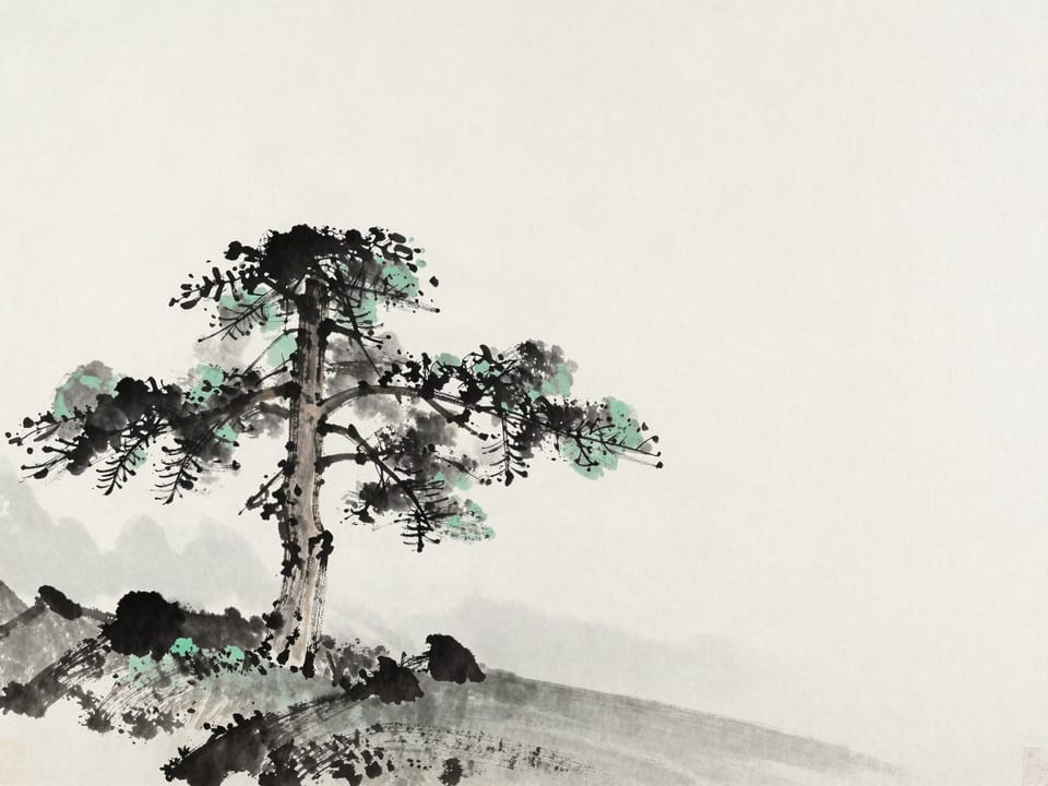 Ink wash painting: A single tall pine on a ridge, its trunk straight, branches balanced, enduring all seasons at once.