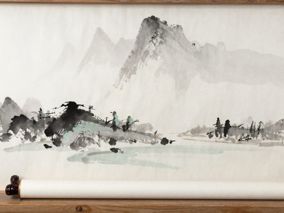 Ink wash painting: A closed scroll bound with cord, resting in a wooden box lined with plain cloth.