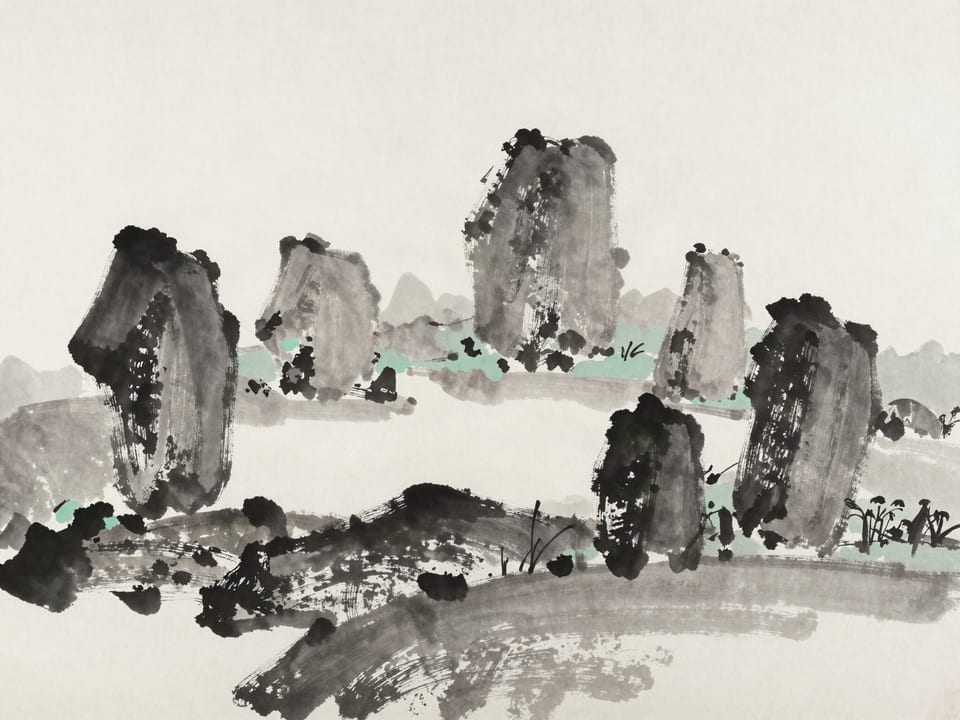 Ink wash painting: Five standing stones in a circle on a hilltop, each a different height, balanced in arrangement.
