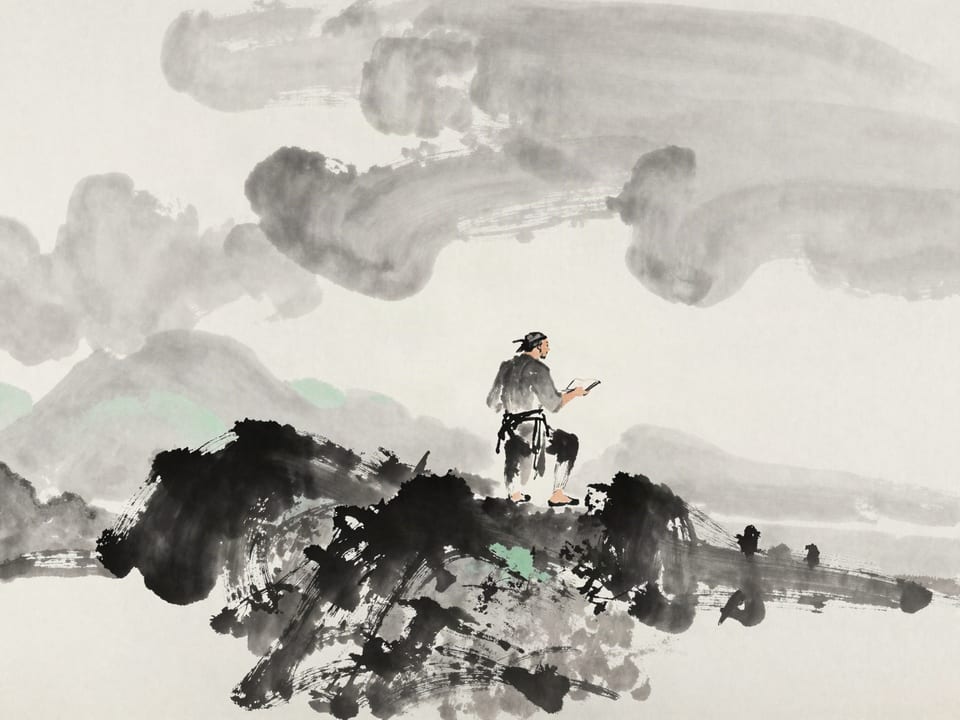 Ink wash painting: A weathered farmer studying the sky at dawn, reading clouds before the day begins.