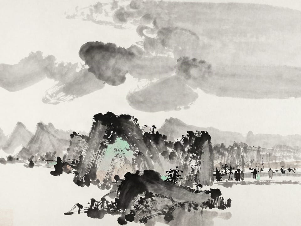 Ink wash painting: A vast sky of moving clouds above a range of crags and valleys, the two mirrored in scale.