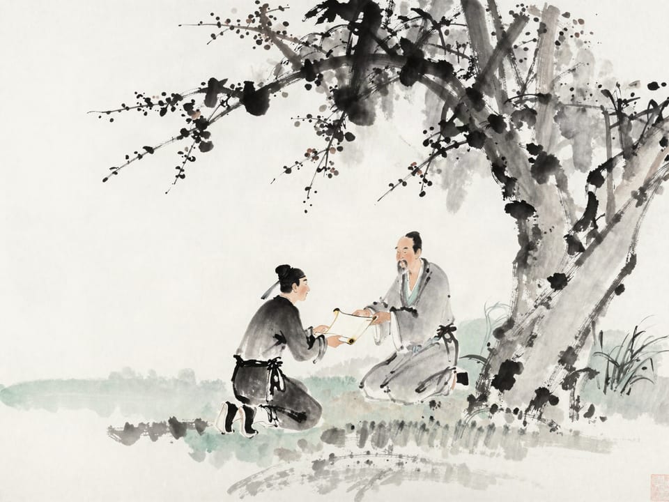 Ink wash painting: A young officer kneeling to receive a scroll from an old advisor beneath a plum tree.