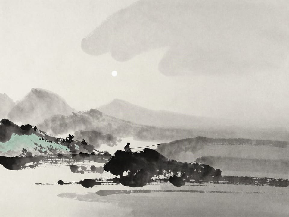 Ink wash painting: A fisherman’s line with a single bright lure drifting over dark, still water.