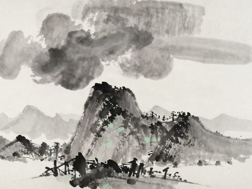 Ink wash painting: A thundercloud gathering over one sharp peak while the rest of the range stays clear.