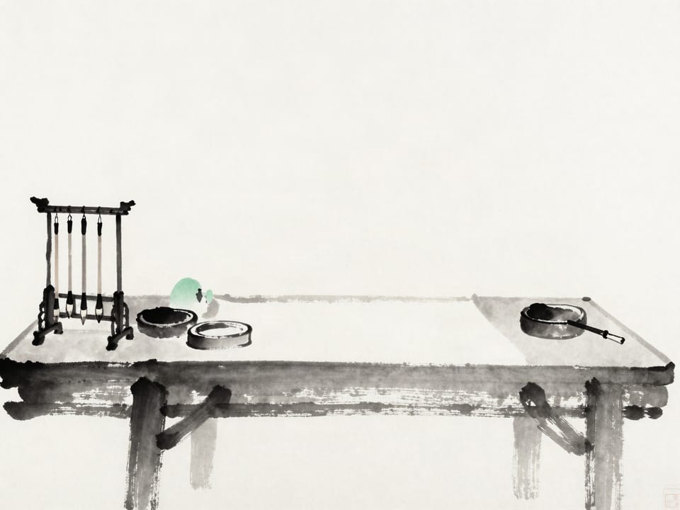 Ink wash painting: A scholar’s desk with five brushes laid in a perfect row, ink stone ready, paper waiting.