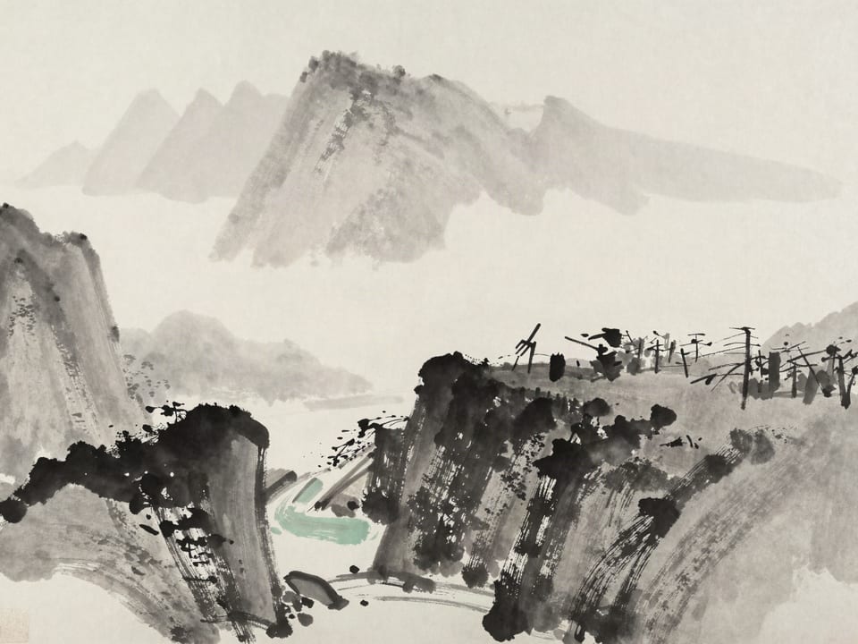 Ink wash painting: A fork in a mountain road at a cliff edge, one path descending to safety, one disappearing into fog.