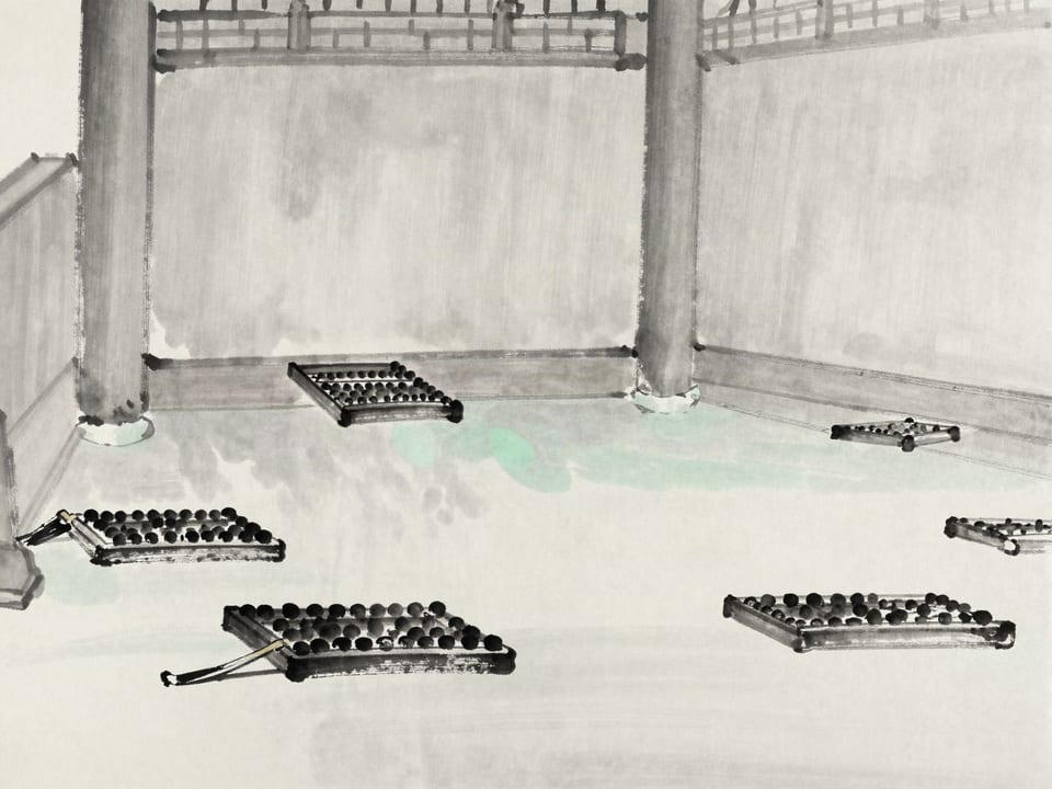 Ink wash painting: A temple interior scattered with counting rods arranged in careful patterns across the floor.