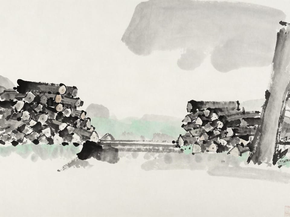 Ink wash painting: Neatly stacked firewood beside a swept courtyard, every piece cut to the same length.