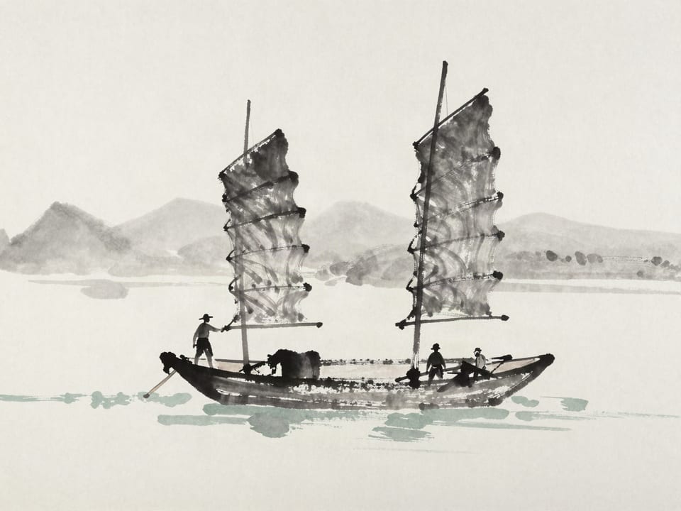 Ink wash painting: A boatman adjusting his sail mid-river as the wind shifts, the current bending around him.