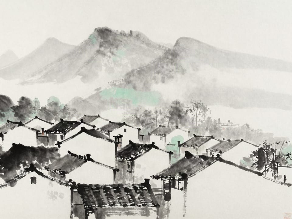 Ink wash painting: A village where every rooftop faces the same direction, smoke rising in unison from the chimneys.