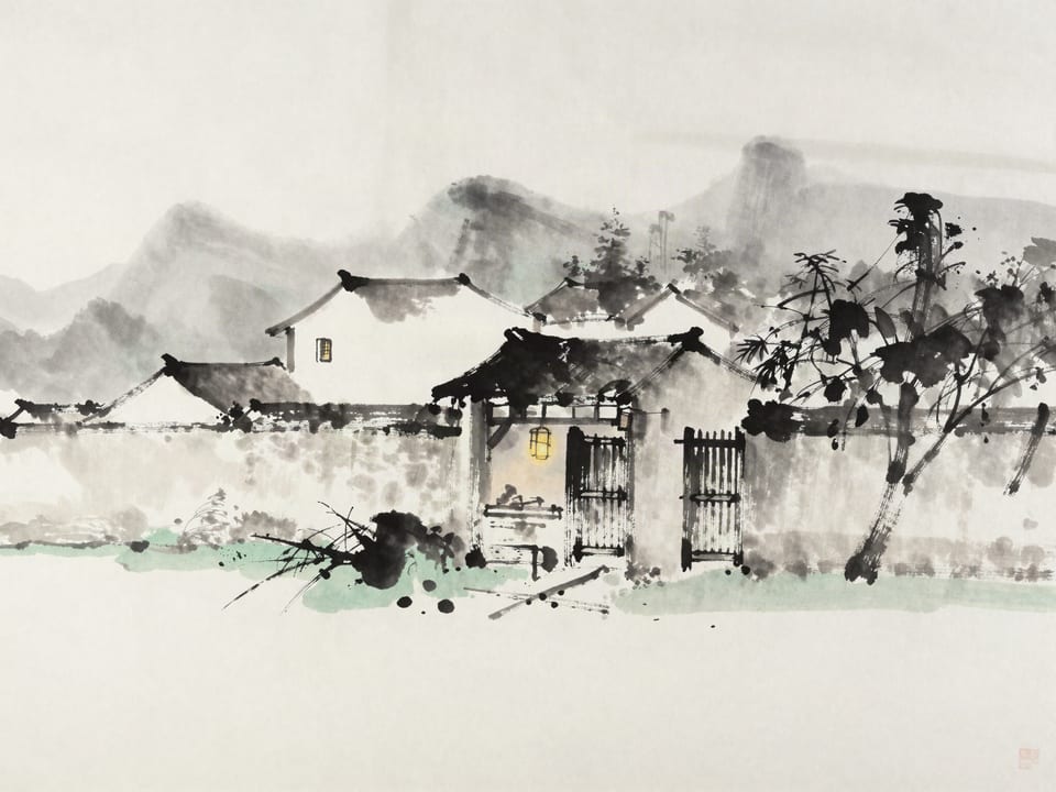 Ink wash painting: A walled farmhouse at dusk, gates shut, harvest stored, lanterns lit within.