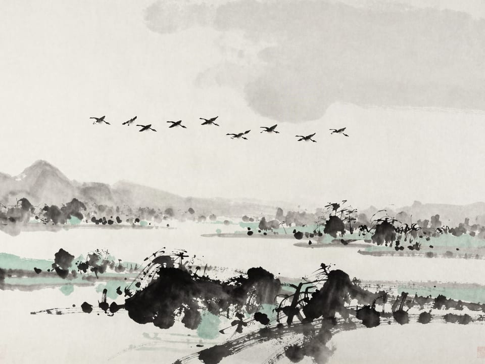 Ink wash painting: A flock of geese breaking into two groups against the sky, drifting apart above the wetlands.