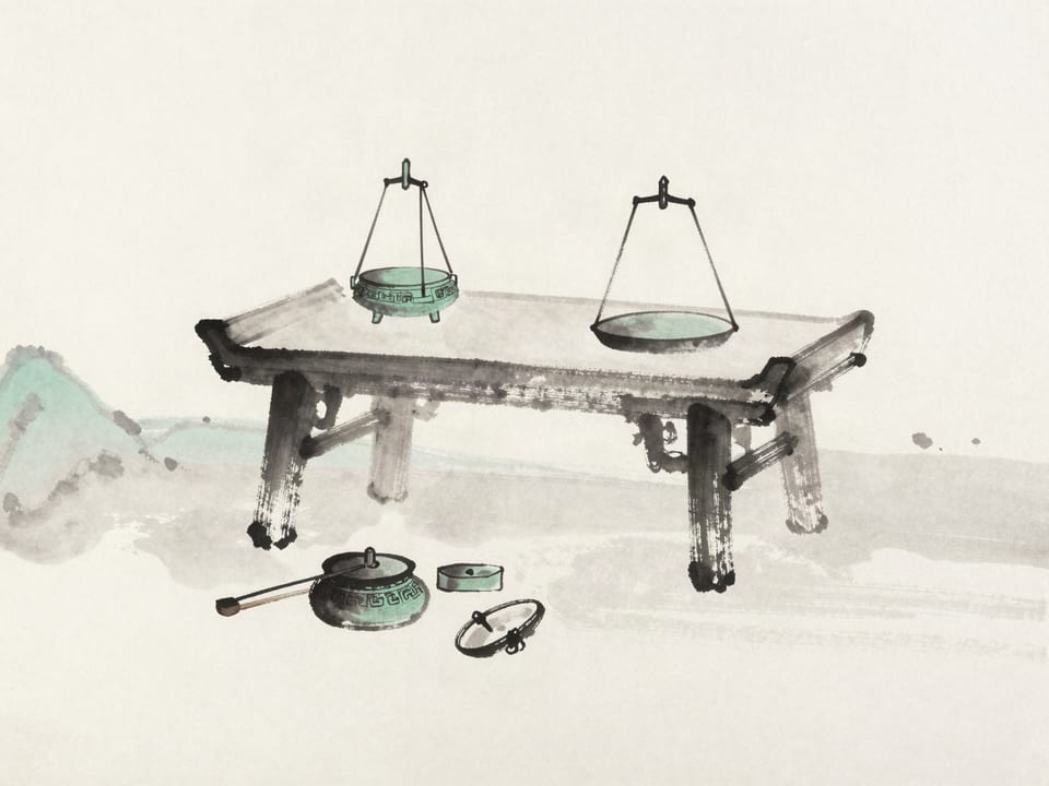 Ink wash painting: Two scales of bronze balanced on a scholar’s table, weights laid out beside them.