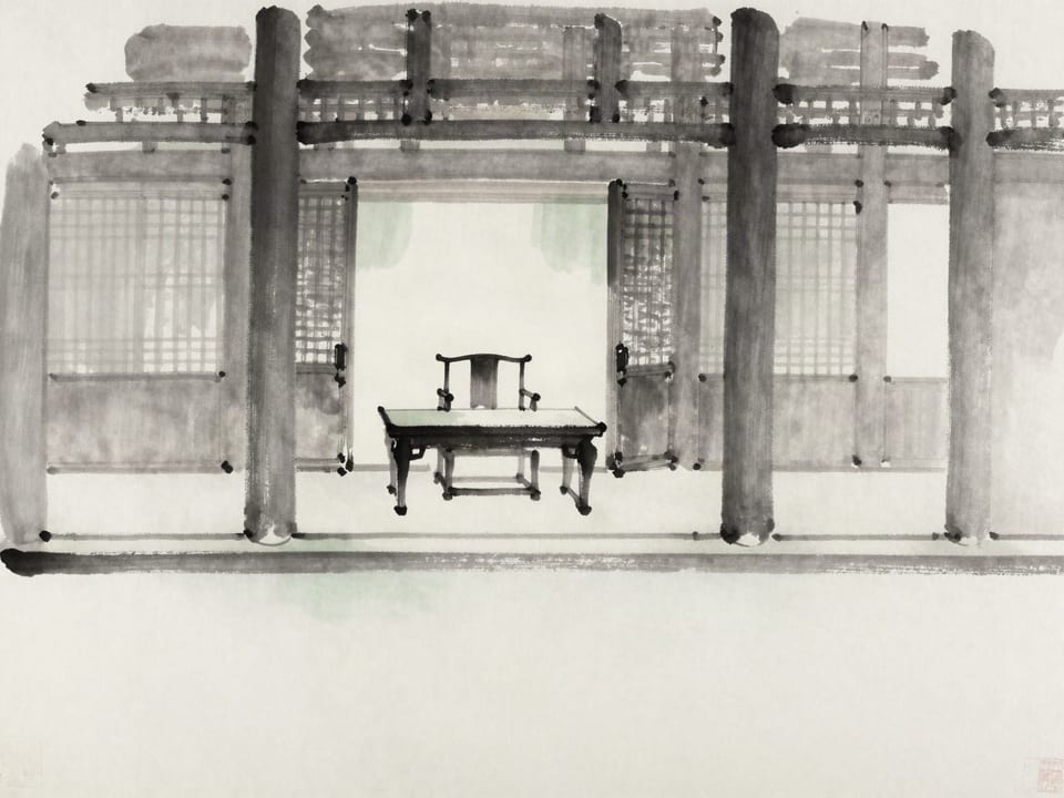Ink wash painting: A grand hall of state with a single low table, an empty seat of authority, morning light through tall doors.