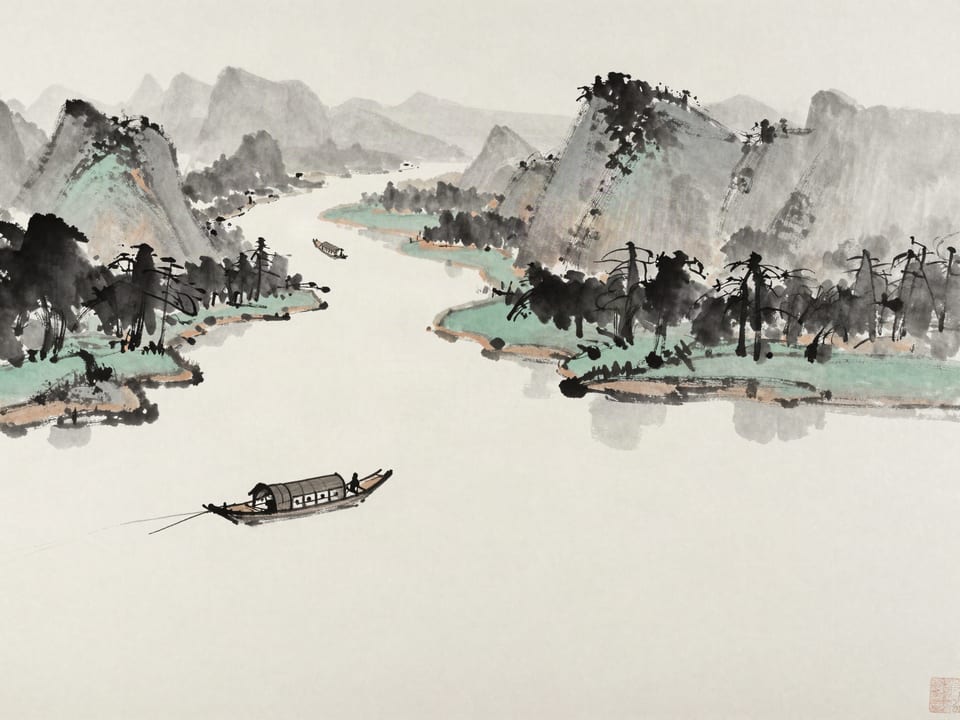 Ink wash painting: A riverboat taking the far channel around a bend, arriving downstream ahead of the straight-sailing fleet.