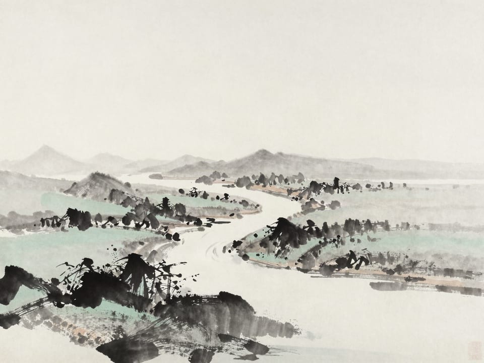Ink wash painting: A winding canal cut through the plain, longer than the river, yet arriving before it at the sea.