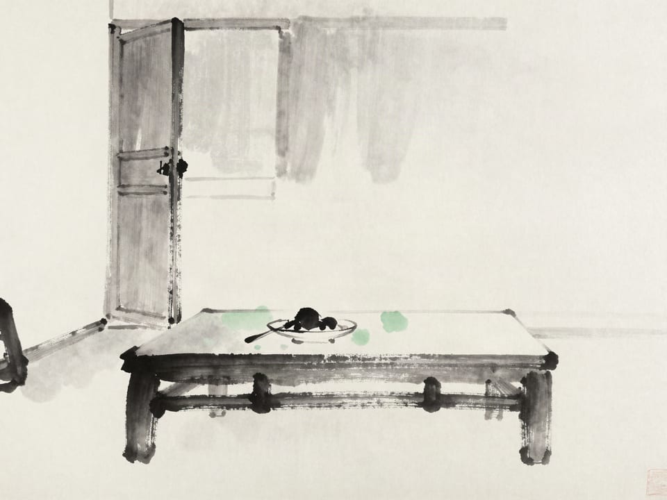 Ink wash painting: A fine meal left on a table in an empty house, door open, the dust unswept.