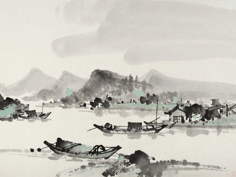 Ink wash painting: Still water at a harbor mouth, boats waiting, nothing revealing which way they will go.