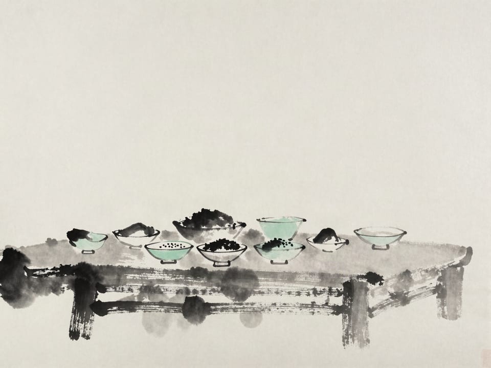 Ink wash painting: A harvest table where grain is portioned equally into many bowls.