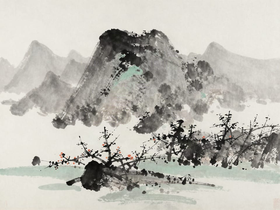 Ink wash painting: A wild plum burning bright on a plain below a mountain that does not move.