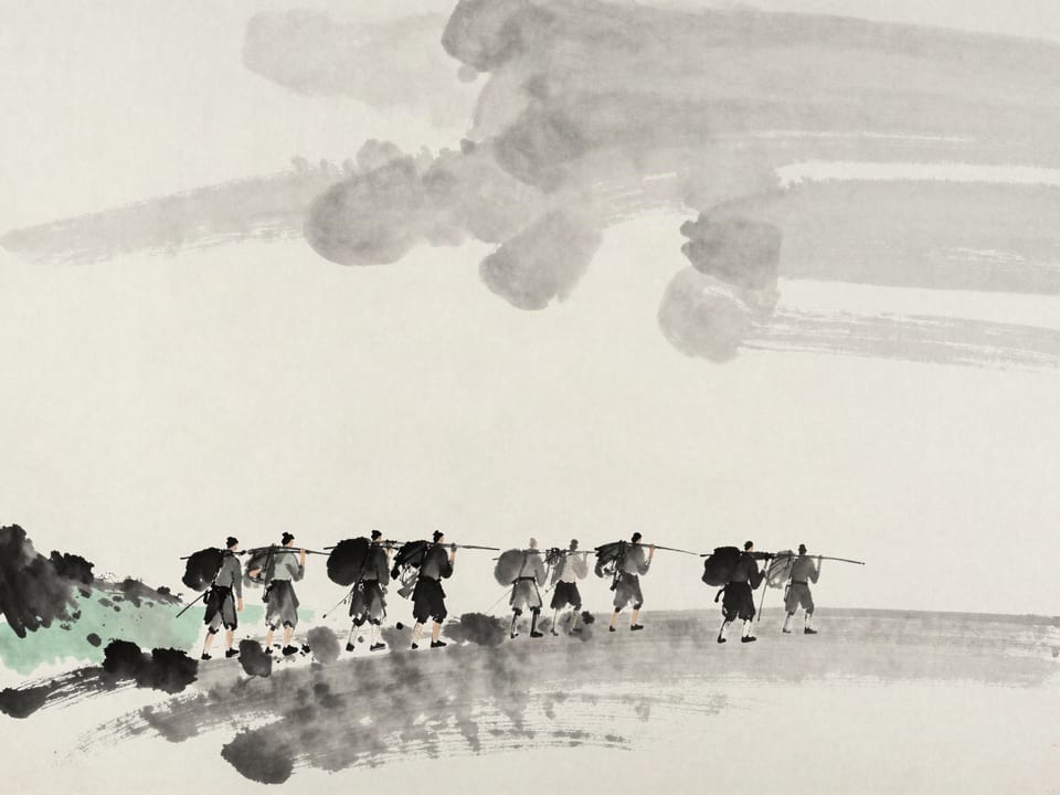 Ink wash painting: Exhausted soldiers on a road at dusk, the strongest lagging first under the weight they carry for others.