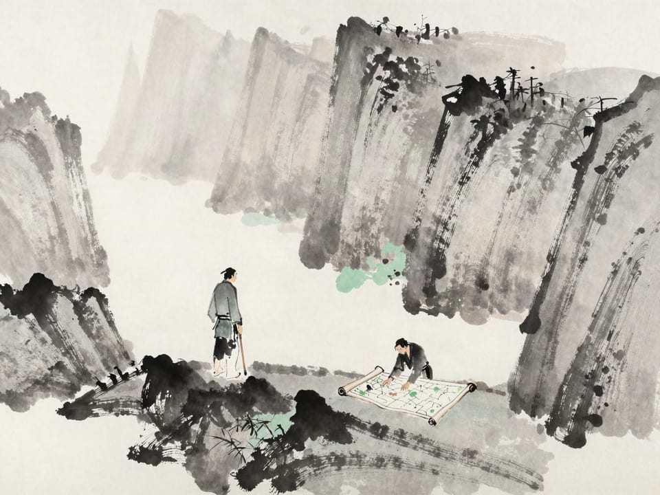 Ink wash painting: A guide with a walking staff studying a gorge, his companion still bent over an unrolled map.