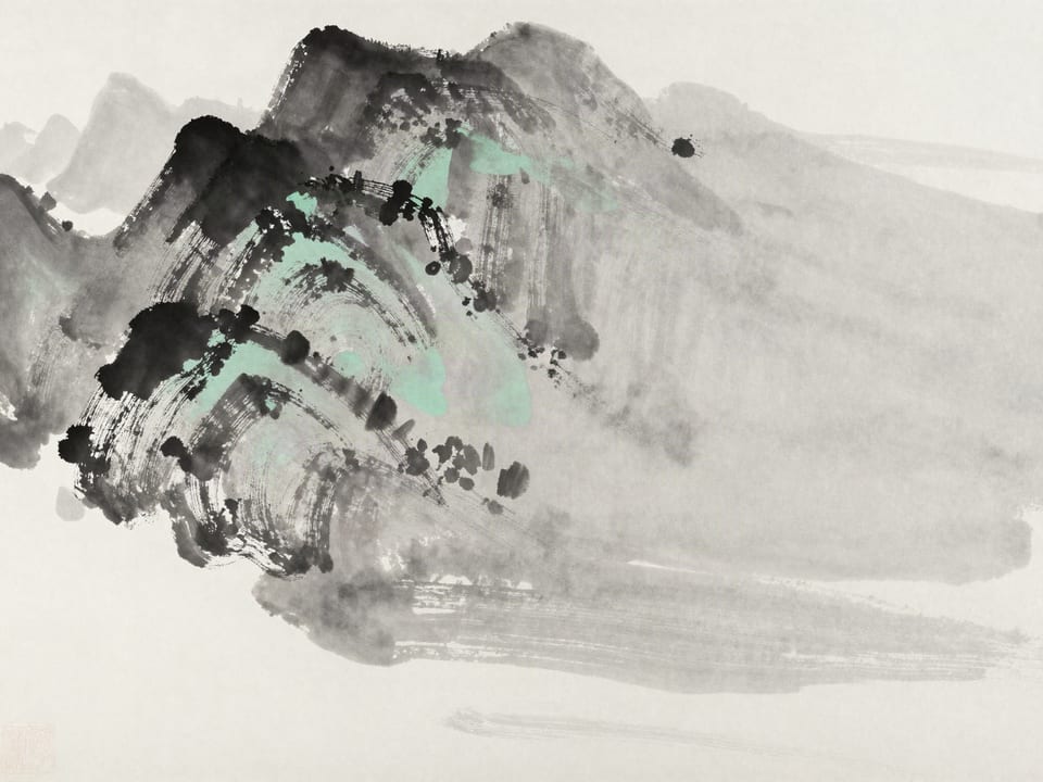 Ink wash painting: Beaters leaving one gap in the brush as they close the circle, game flowing toward it.