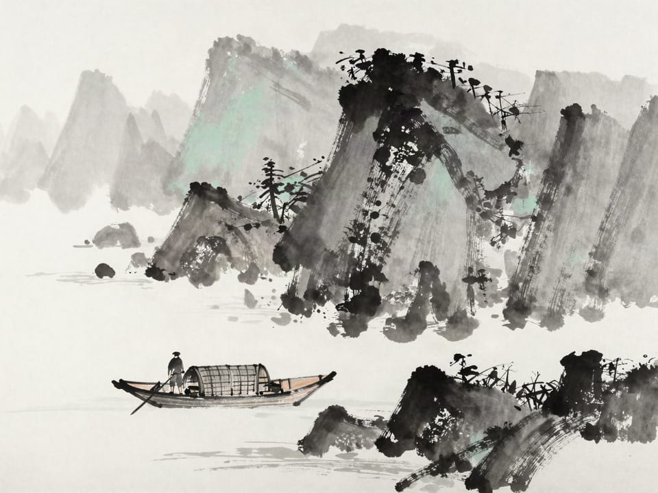 Ink wash painting: A local boatman poling a ferry through mist that hides the rocks he knows by heart.