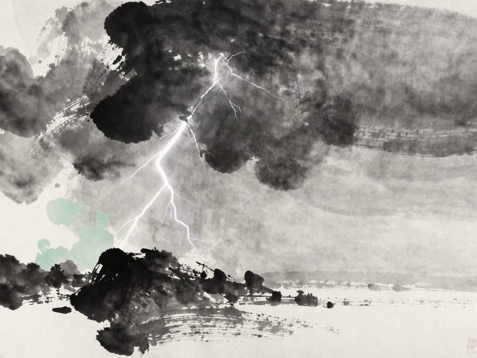 Ink wash painting: A black sky holding one bright vein of lightning, the whole horizon waiting on the strike.