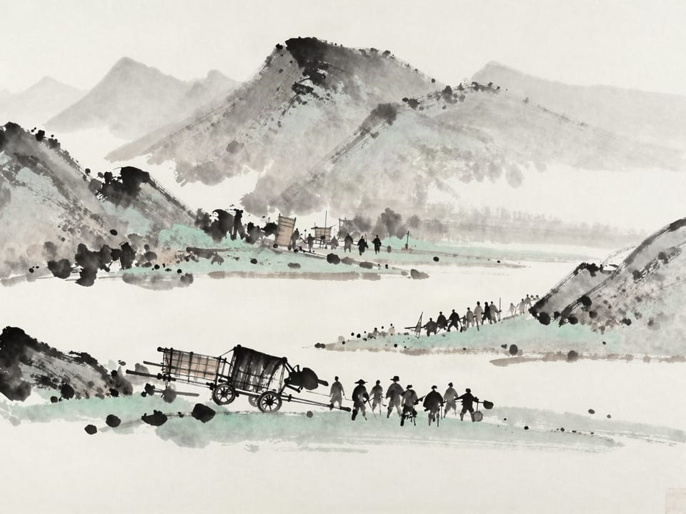 Ink wash painting: A supply wagon overturned at a ford, the army’s road forward vanishing into the hills without it.