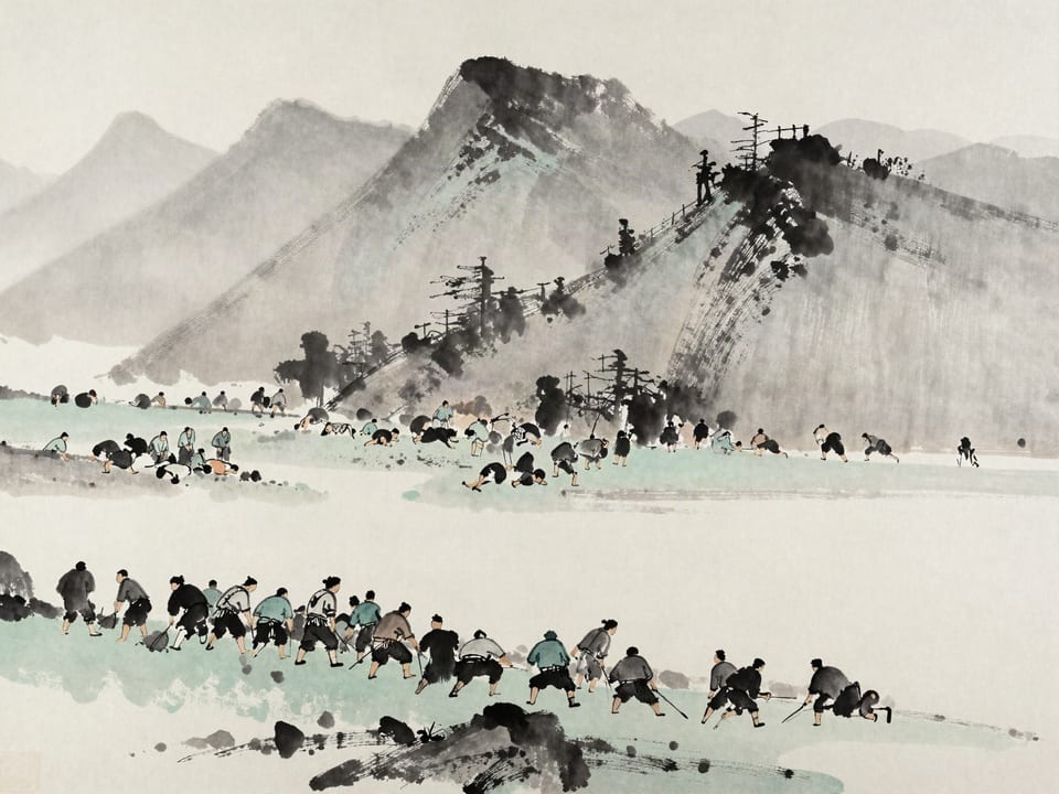 Ink wash painting: An army drawn up on the valley floor, still and rested, while an exhausted force labors down the slope toward them.